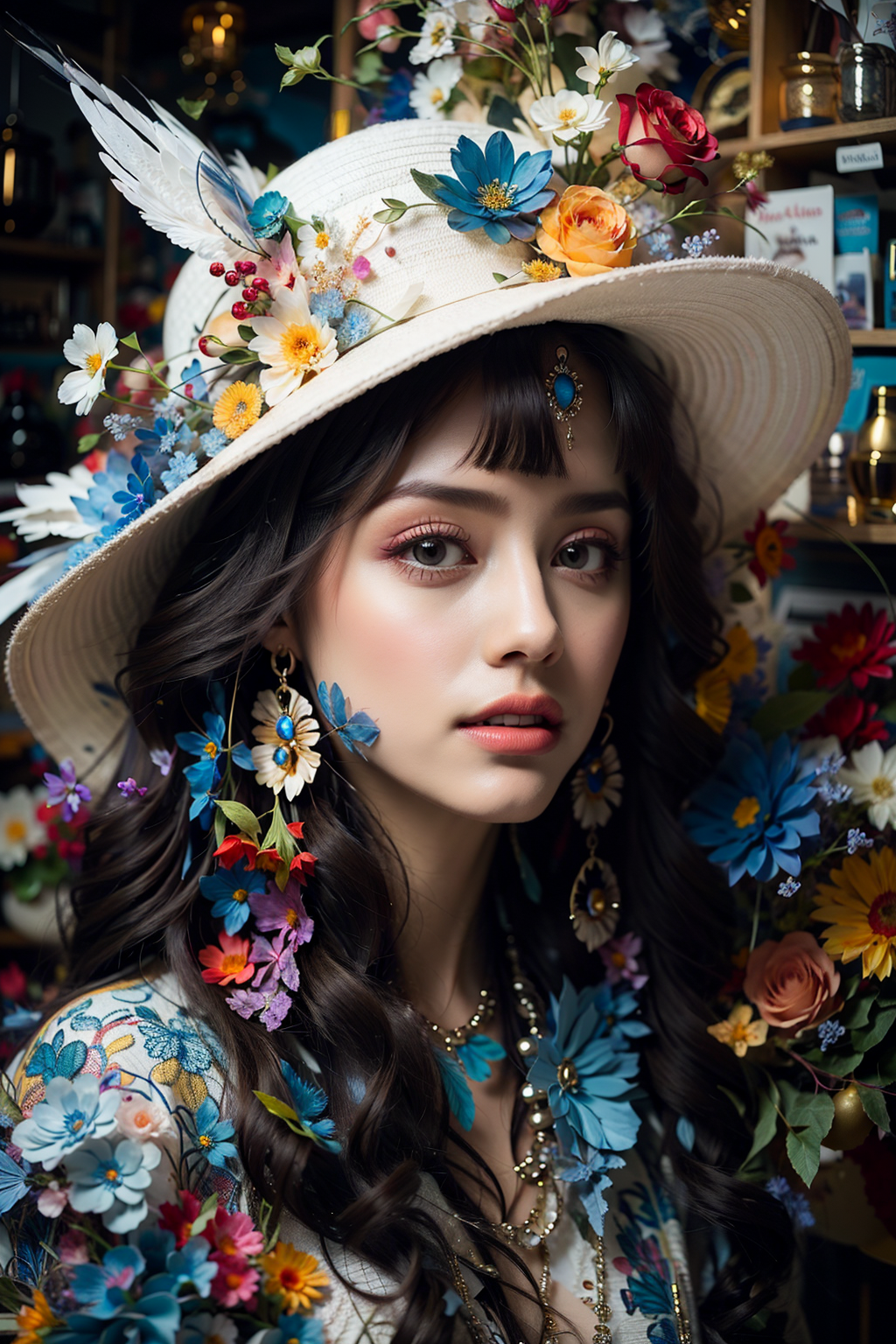 00160-903352260-bj_Alice,1girl,Clean face,Long black hair,jewelry,flower,earrings,parted_lips,makeup,rose,bird,white headwear,white_flower,build.png